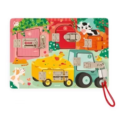 Brinquedo de madeira com fechaduras e cadeados com desenhos de quinta