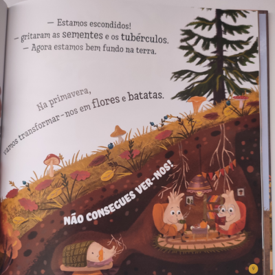 Página ilustrada com personagens pequenos debaixo da terra e texto em português sobre sementes, tubérculos e flores.
