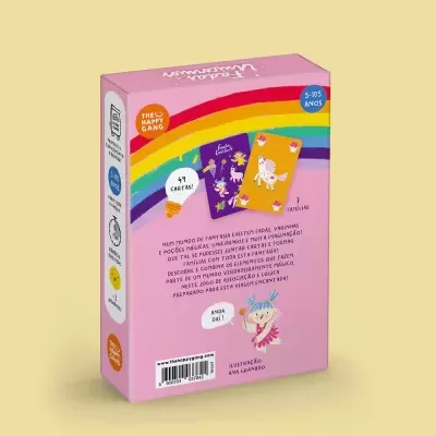 Caixa de jogo de cartas rosa com arco-íris e ilustrações de fadas para idades de 5 a 105 anos