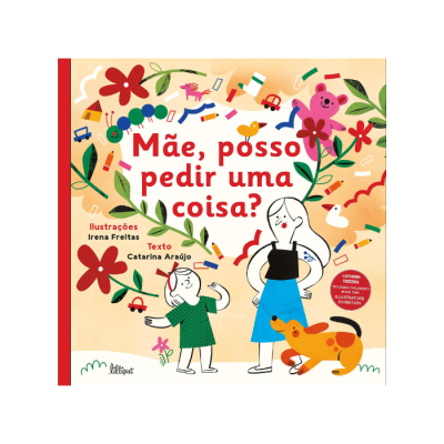 Capa de livro ilustrado com mãe, criança e cão entre flores e texto em português