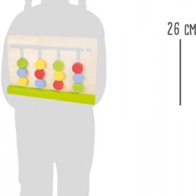 Brinquedo educativo de madeira com discos coloridos e altura indicada