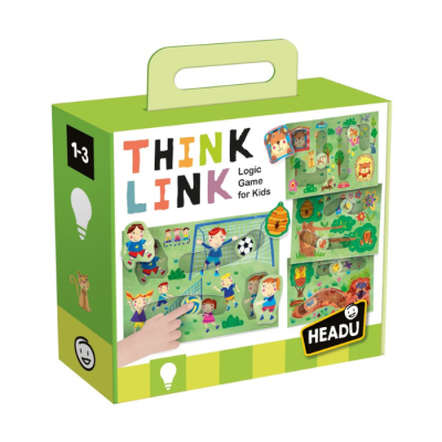 Caixa verde de jogo THINK LINK para crianças dos 1 aos 3 anos da marca HEADU com ilustrações de crianças a jogar futebol