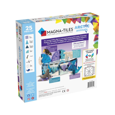 Brinquedo educativo Magna-Tiles Arctic Animals com peças geométricas azuis e figuras de animais polares numa caixa colorida