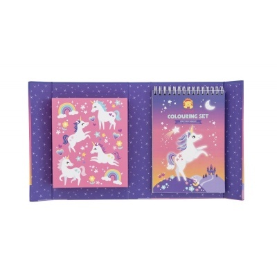 Conjunto de pintura com desenhos de unicórnios e arco-íris em fundo roxo e cor-de-rosa