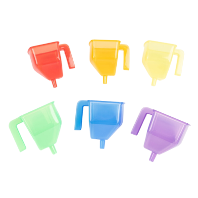 Conjunto de seis funis plásticos coloridos com pega e bico estreito