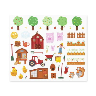 Ilustração colorida de objetos e animais típicos de uma quinta em estilo cartoon