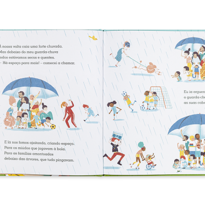 Livro infantil aberto com ilustração de pessoas com guarda-chuvas azuis na chuva e texto em português.