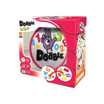 Caixa cor-de-rosa do jogo Dobble 1, 2, 3 com imagens de números e símbolos coloridos.