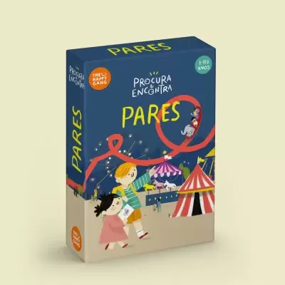 Caixa de jogo 'Procura e Encontra PARES' azul com crianças e parque de diversões ilustrados