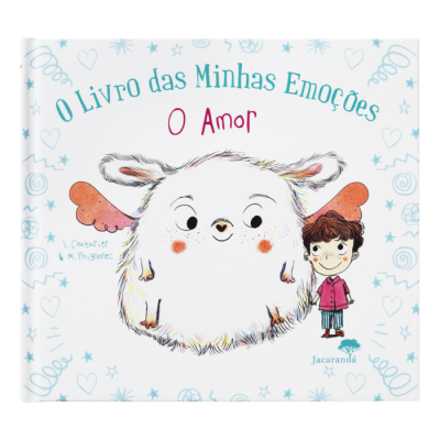 Capa de livro infantil com criatura peluda e criança, título O Livro das Minhas Emoções O Amor
