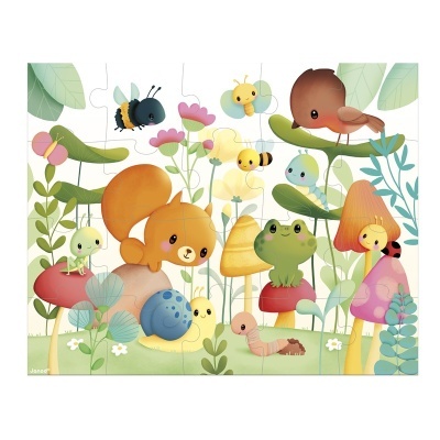 Puzzle infantil colorido com animais e plantas numa floresta