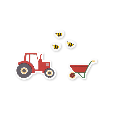 Autocolantes de trator vermelho, carrinha de mão verde e abelhas