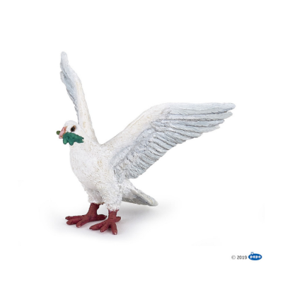 Figura de pombo branco com asas abertas e ramo verde no bico