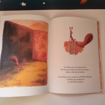 Livro infantil aberto com ilustrações de um esquilo vermelho e texto em português.