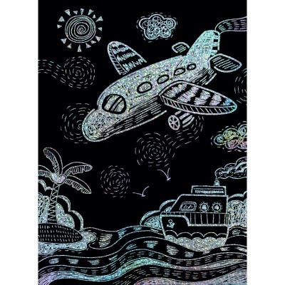 Desenho colorido de avião e barco no mar com sol, nuvens e palmeira em fundo preto