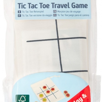 Jogo Tic Tac Toe em tecido branco com linhas pretas, embalagem transparente com etiqueta azul