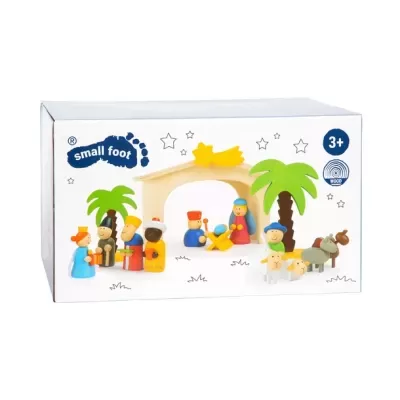 Conjunto de presépio em madeira colorida com figuras e palmeiras numa caixa branca