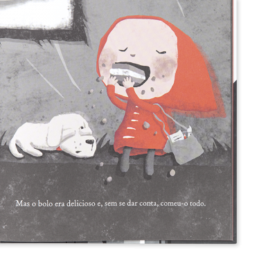 Ilustração de criança com capa vermelha a comer bolo ao lado de cão branco dormindo