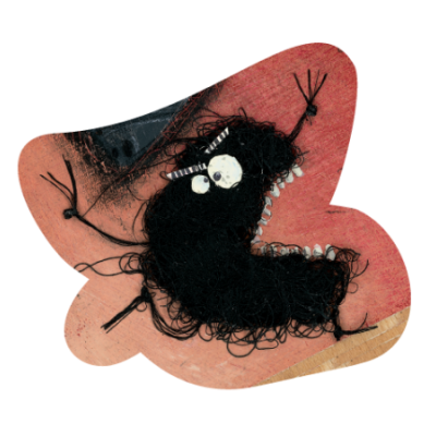 Ilustração de criatura preta felpuda com olhos grandes e dentes num fundo vermelho e bege