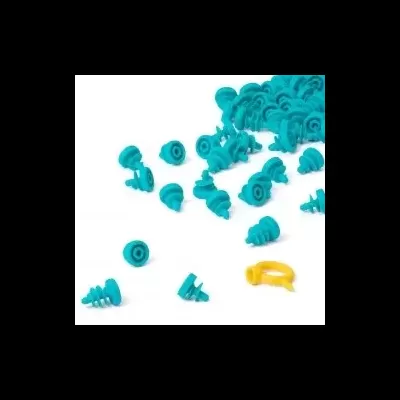 Tampões auriculares azuis em silicone com anel amarelo