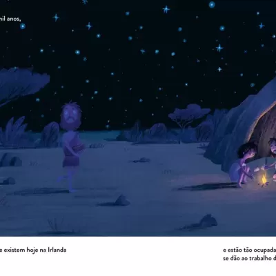 Cena animada noturna com figuras junto a caverna e céu estrelado