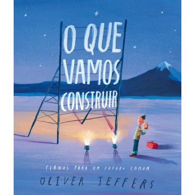 Capa de livro com letreiro luminoso e pessoa segurando bebé num cenário azul com montanha.