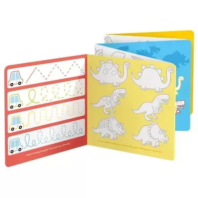 Livro de atividades infantil colorido aberto em páginas com dinossauros e carrinhos