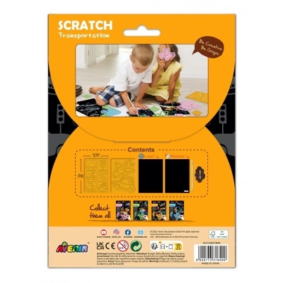 Embalagem de brinquedo educativo SCRATCH Transportation com crianças a brincar e texto em inglês.