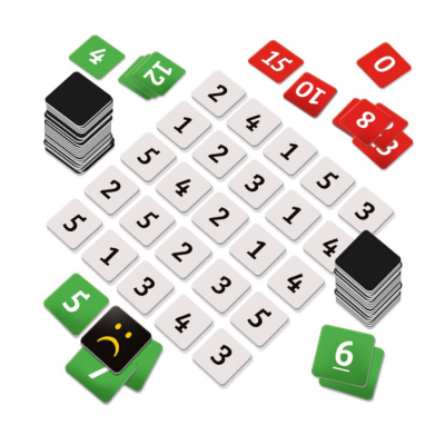 Cartas quadradas de jogo dispostas com números e cartas verdes, vermelhas e pretas com uma face triste.