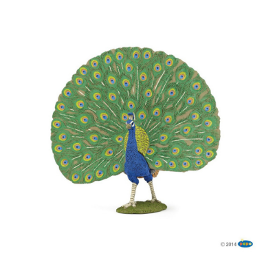 Figura decorativa de pavão com penas verdes em padrão de olhos