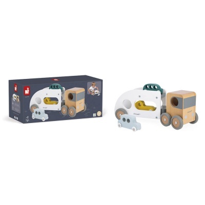 Brinquedo de empilhar em madeira com formas de animais e caixa azul Janod