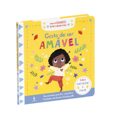 Capa de livro infantil amarelo com ilustração e título Gosto de ser AMÁVEL