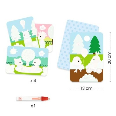 Cartas ilustradas com animais, vegetação e caneta em fundo branco