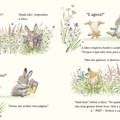 Ilustração de livro infantil com coelho e pato na natureza segurando livro com texto em português