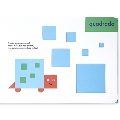 Página de livro infantil com texto e ilustrações de quadrados e tartaruga