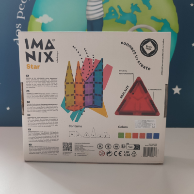 Caixa do produto IMANIX Star com peças magnéticas coloridas e texto explicativo