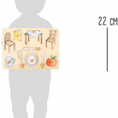 Quebra-cabeça de madeira com motivos domésticos coloridos