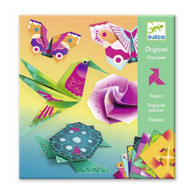 Caixa de origami Djeco com figuras de beija-flor, tartaruga, borboletas e flor em papel colorido