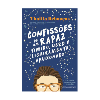 Capa do livro azul estrelado com texto branco e laranja e ilustração de uma cabeça com óculos