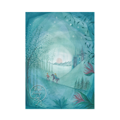 Ilustração com figuras humanas, castelo e plantas em tons azuis e verdes.