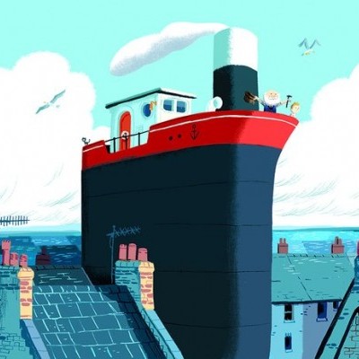 Ilustração de um grande navio vermelho e preto entre telhados azuis sob céu azul
