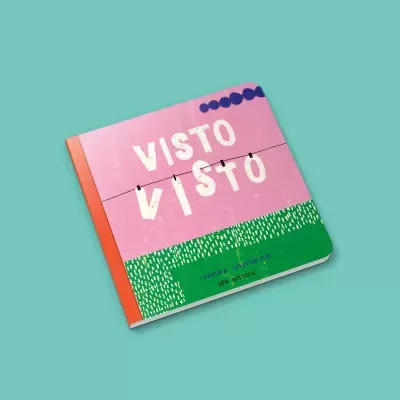 Livro colorido com título 'VISTO VISTO' sobre fundo azul claro