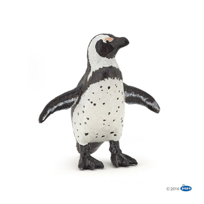 Figura de pinguim em plástico preto e branco com asas estendidas