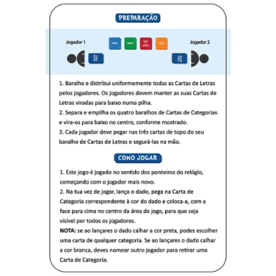 Instruções de jogo em português com títulos PREPARAÇÃO e COMO JOGAR em fundo azul e branco