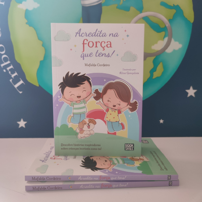 Capa de livro infantil com crianças, cão e arco-íris, texto 