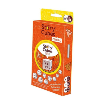 Caixa de jogo Story Cubes classic laranja e amarelo com dados ilustrados e texto em francês