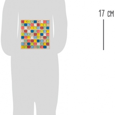 Tabuleiro quadrado de madeira com letras e números coloridos e régua de 17 cm