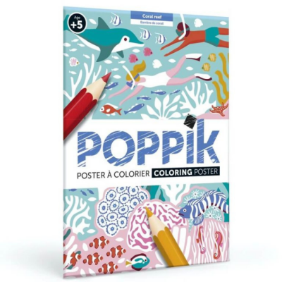 Poster para colorir Poppik tema recife de coral com ilustrações marinhas e lápis coloridos
