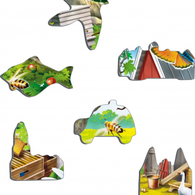 Seis peças de puzzle de madeira coloridas com temas de natureza e animais