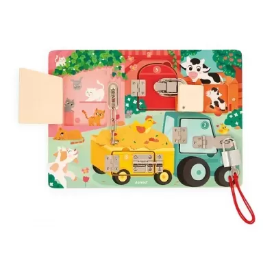 Painel de atividades infantil em madeira com trancas metálicas e ilustrações de animais de quinta